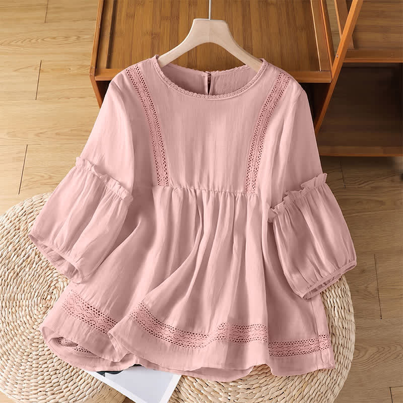 Buddha Stones Camisetas de manga corta para mujer, elegantes, informales, de color liso, con cuello redondo y ribete de encaje, ideales para el verano. - rosa claro - US8-10, UK/AU12-14, EU40-42 (2XL) - image 0