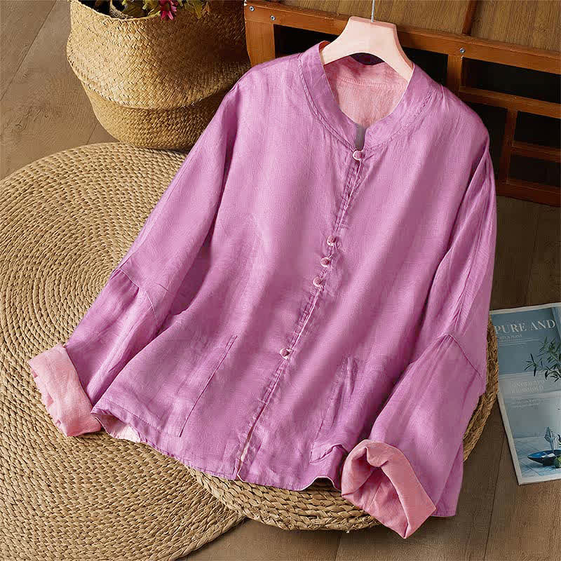 Buddha Stones Camisas de manga larga para mujer con cuello redondo, diseño reversible, color liso, estilo Tang, ideales para primavera y otoño, con bolsillo. - image 13