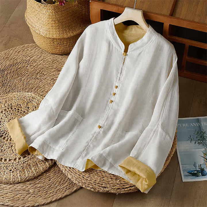 Buddha Stones Camisas de manga larga para mujer con cuello redondo, diseño reversible, color liso, estilo Tang, ideales para primavera y otoño, con bolsillo. - Caqui - US14, UK/AU18, EU46 (2XL) - image 0