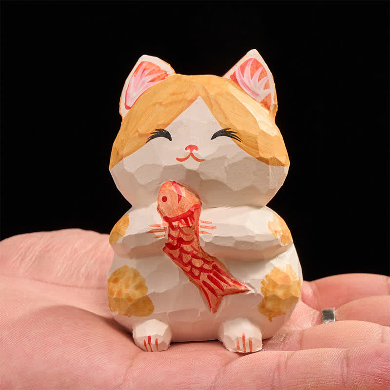 Buddha Stones Gato de la suerte pintado a mano en madera natural, decoración adorable de animales para la riqueza. - image 4