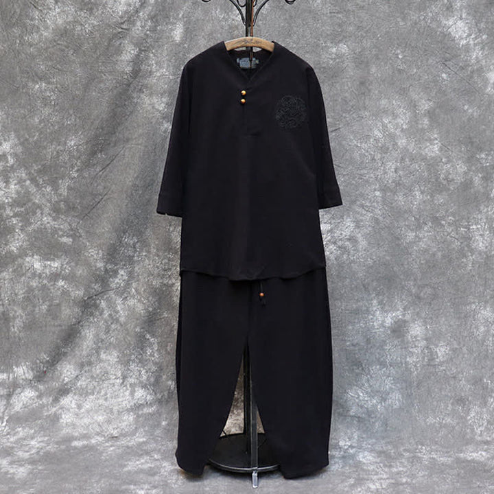 Buddha Stones Conjunto de 2 piezas para primavera/verano: camisa y pantalón estilo Tang con cuello mandarín, bordados, algodón liso, ropa de meditación para hombre con bolsillos. - image 23