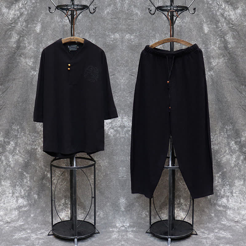 Buddha Stones Conjunto de 2 piezas para primavera/verano: camisa y pantalón estilo Tang con cuello mandarín, bordados, algodón liso, ropa de meditación para hombre con bolsillos. - image 24