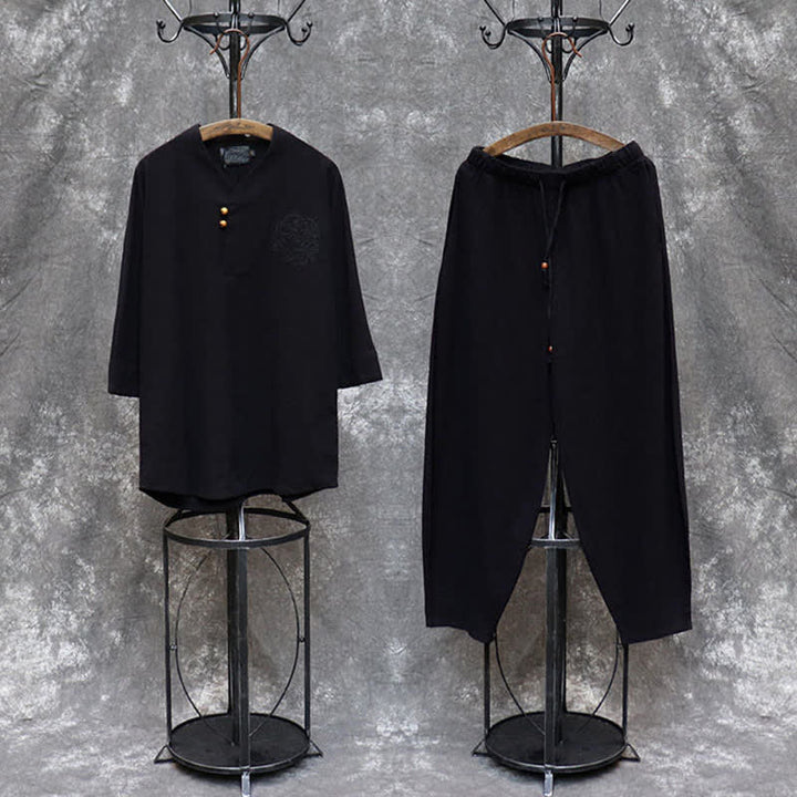 Buddha Stones Conjunto de 2 piezas para primavera/verano: camisa y pantalón estilo Tang con cuello mandarín, bordados, algodón liso, ropa de meditación para hombre con bolsillos. - image 24