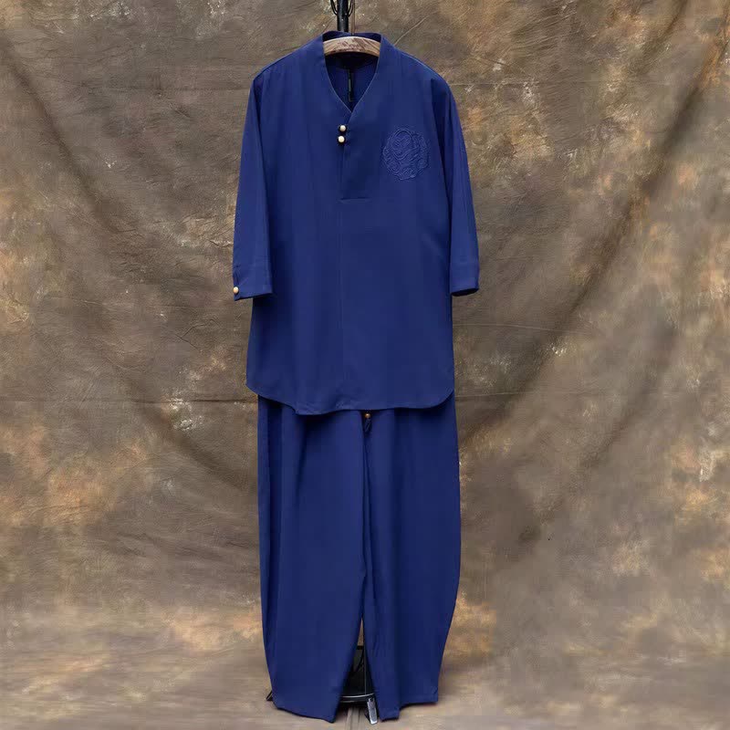 Buddha Stones Conjunto de 2 piezas para primavera/verano: camisa y pantalón estilo Tang con cuello mandarín, bordados, algodón liso, ropa de meditación para hombre con bolsillos. - Azul real - US/UK/AU46, EU56 (5XL) - image 18