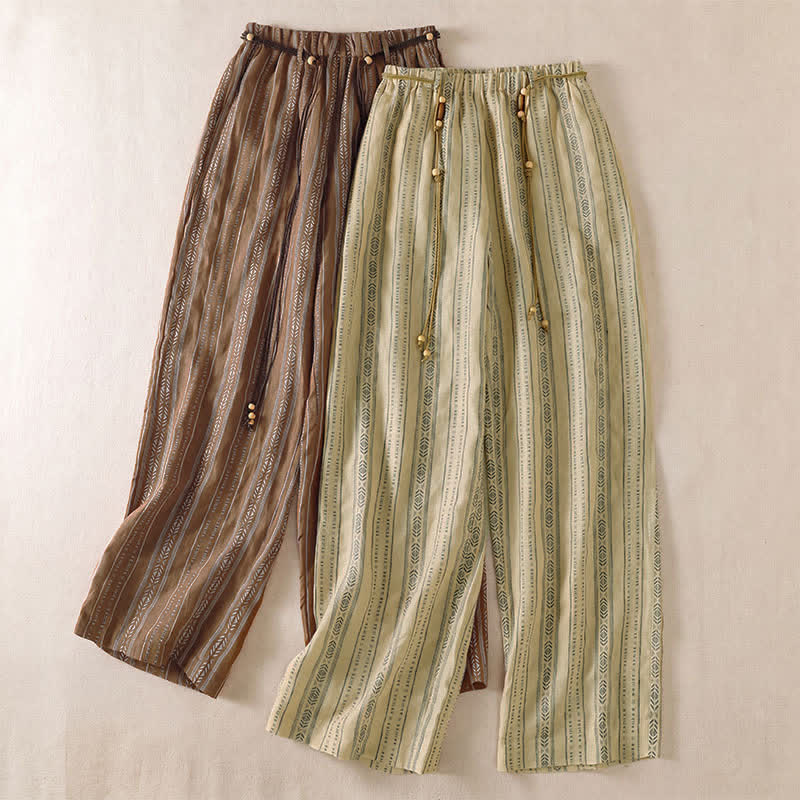 Buddha Stones Pantalones tobilleros de mujer estilo boho casual con cordón ajustable y rayas, ideales para primavera y verano. Pantalones rectos con bolsillo. - image 17
