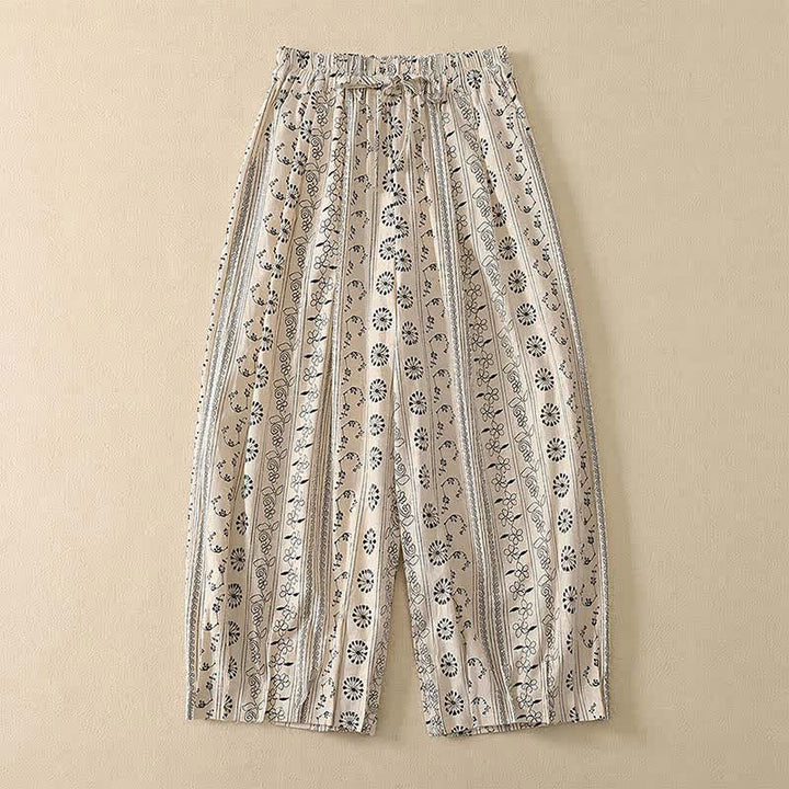 Buddha Stones Pantalones capri informales de primavera-verano estilo boho con cordón ajustable, rayas, ramas y estrellas, pantalones harem para mujer con bolsillo - Blanco - US8-10, UK/AU12-14, EU40-42 (2XL) - image 0