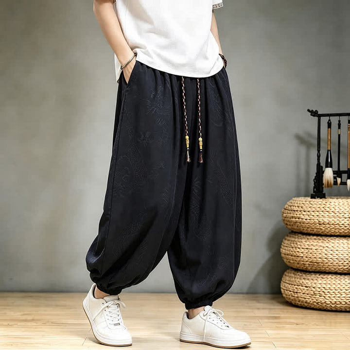 Buddha Stones Pantalones cortos casuales de primavera/verano estilo Tang con cordón ajustable y estampado de dragón, pantalones harem para hombre con bolsillo. - image 3