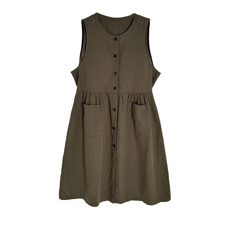 Buddha Stones Vestido de verano informal minimalista de verano para mujer, sin mangas, con botones y bolsillo. - image 11