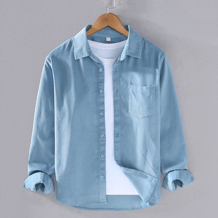Buddha Stones Camisas de manga larga de algodón liso para hombre, estilo casual de otoño/invierno, con bolsillo de parche. - Azul acero claro - US/UK/AU44, EU54 (4XL) - image 7