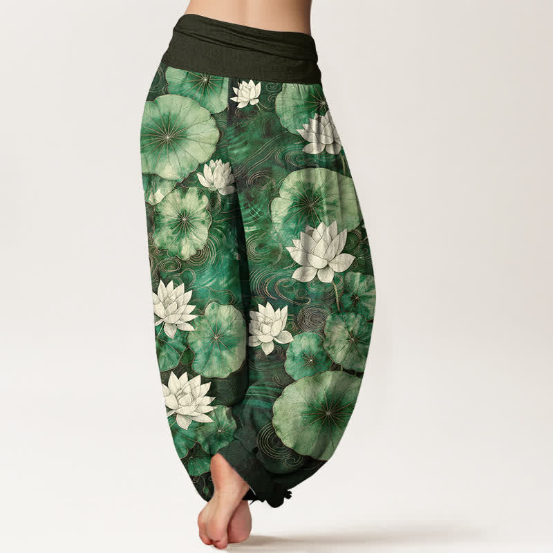 Buddha Stones Pantalones harem de mujer con cintura elástica y estampado de estanque de lotos de algodón. - image 2