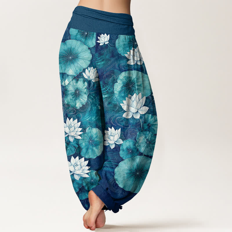 Buddha Stones Pantalones harem de mujer con cintura elástica y estampado de estanque de lotos de algodón. - image 7