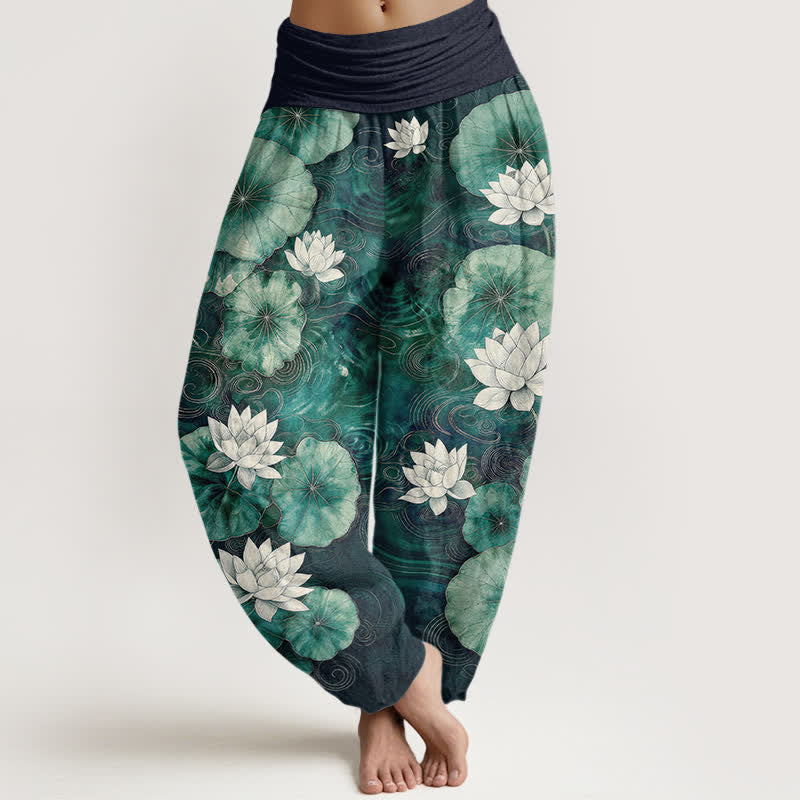 Buddha Stones Pantalones harem de mujer con cintura elástica y estampado de estanque de lotos de algodón. - Marina de guerra - US16，UK/AU20，EU48 (3XL) - image 8