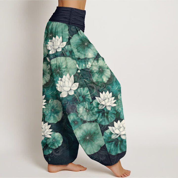 Buddha Stones Pantalones harem de mujer con cintura elástica y estampado de estanque de lotos de algodón. - image 9