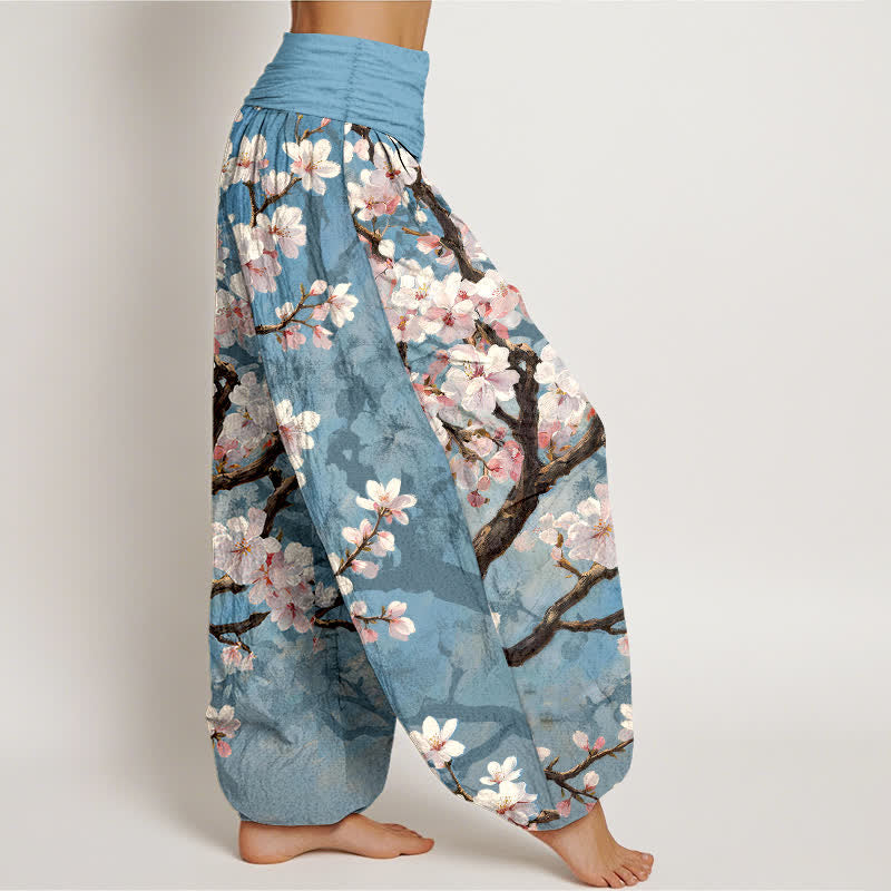 Buddha Stones Pantalones harem de algodón con estampado de ramas de cerezo en flor y cintura elástica para mujer. - image 1