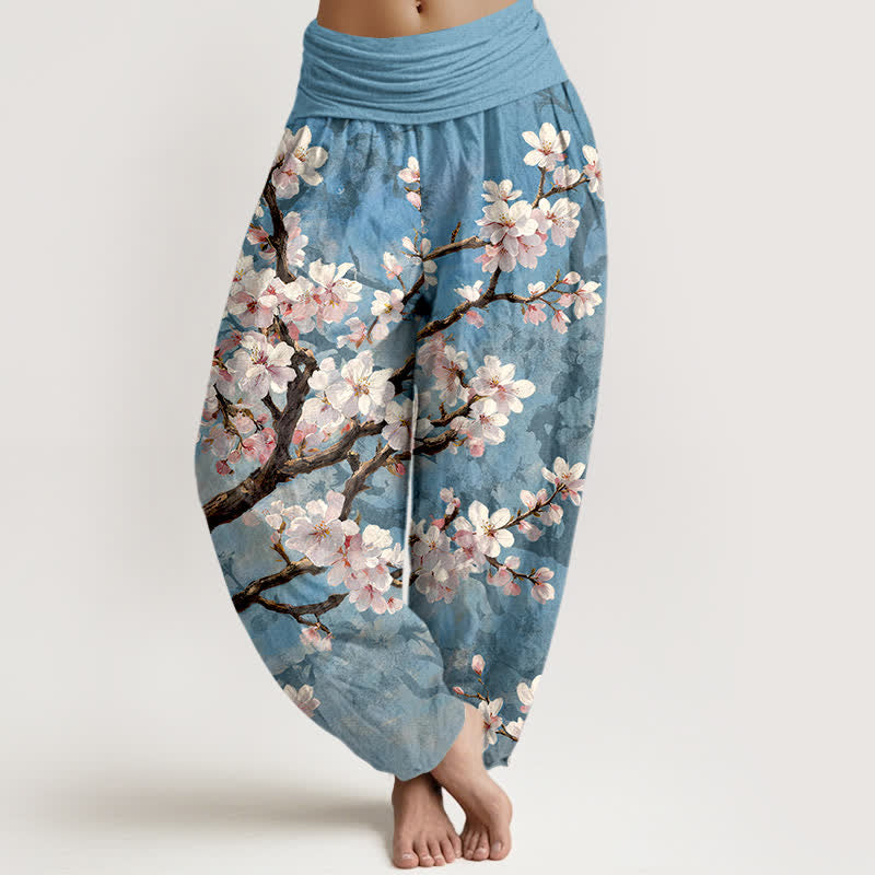 Buddha Stones Pantalones harem de algodón con estampado de ramas de cerezo en flor y cintura elástica para mujer. - Azul claro - US16，UK/AU20，EU48 (3XL) - image 0