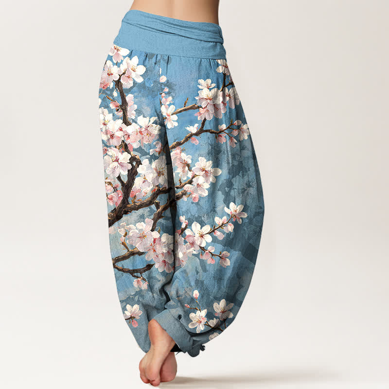 Buddha Stones Pantalones harem de algodón con estampado de ramas de cerezo en flor y cintura elástica para mujer. - image 2