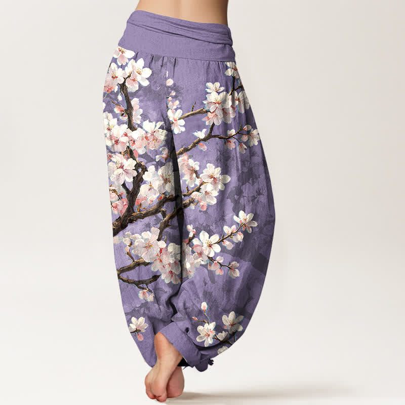 Buddha Stones Pantalones harem de algodón con estampado de ramas de cerezo en flor y cintura elástica para mujer. - image 7