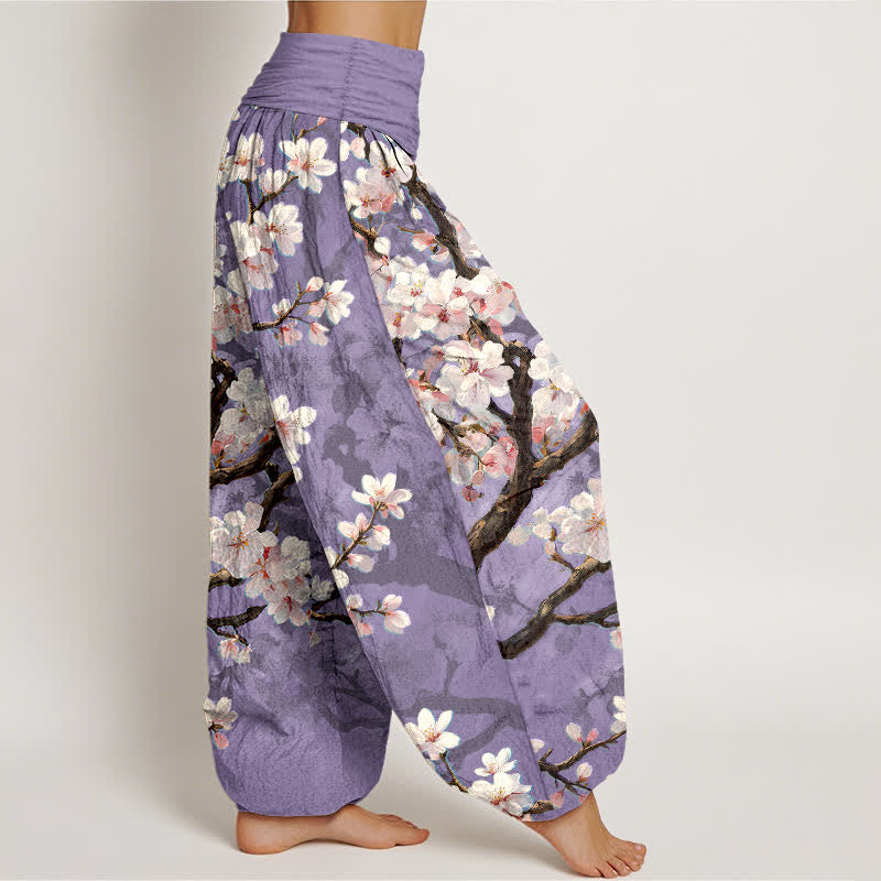 Buddha Stones Pantalones harem de algodón con estampado de ramas de cerezo en flor y cintura elástica para mujer. - image 6