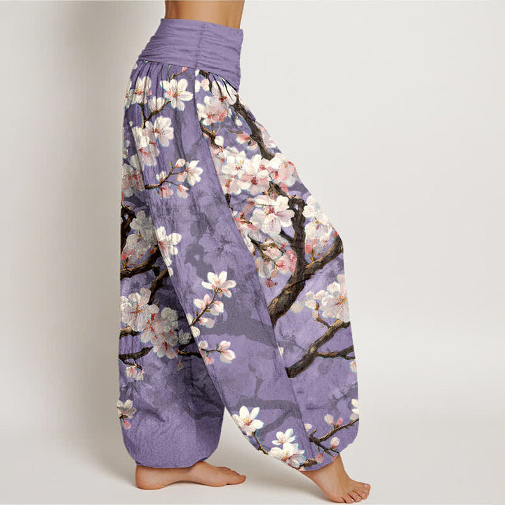 Buddha Stones Pantalones harem de algodón con estampado de ramas de cerezo en flor y cintura elástica para mujer. - image 6