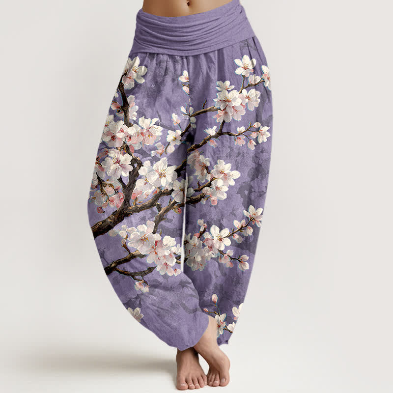 Buddha Stones Pantalones harem de algodón con estampado de ramas de cerezo en flor y cintura elástica para mujer. - Lavanda - US16，UK/AU20，EU48 (3XL) - image 5