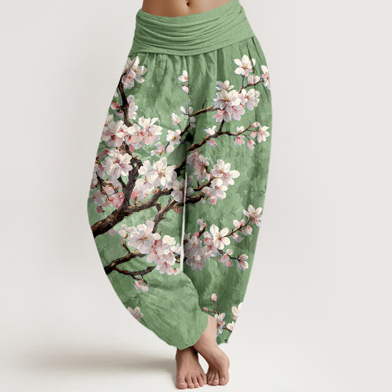 Buddha Stones Pantalones harem de algodón con estampado de ramas de cerezo en flor y cintura elástica para mujer. - Verde claro - US16，UK/AU20，EU48 (3XL) - image 8