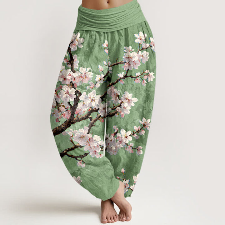 Buddha Stones Pantalones harem de algodón con estampado de ramas de cerezo en flor y cintura elástica para mujer. - Verde claro - US16，UK/AU20，EU48 (3XL) - image 8