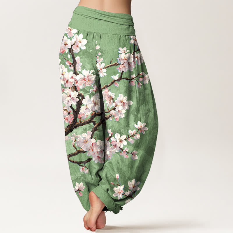 Buddha Stones Pantalones harem de algodón con estampado de ramas de cerezo en flor y cintura elástica para mujer. - image 10