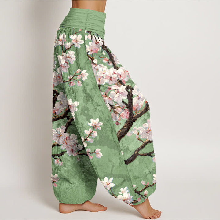 Buddha Stones Pantalones harem de algodón con estampado de ramas de cerezo en flor y cintura elástica para mujer. - image 9