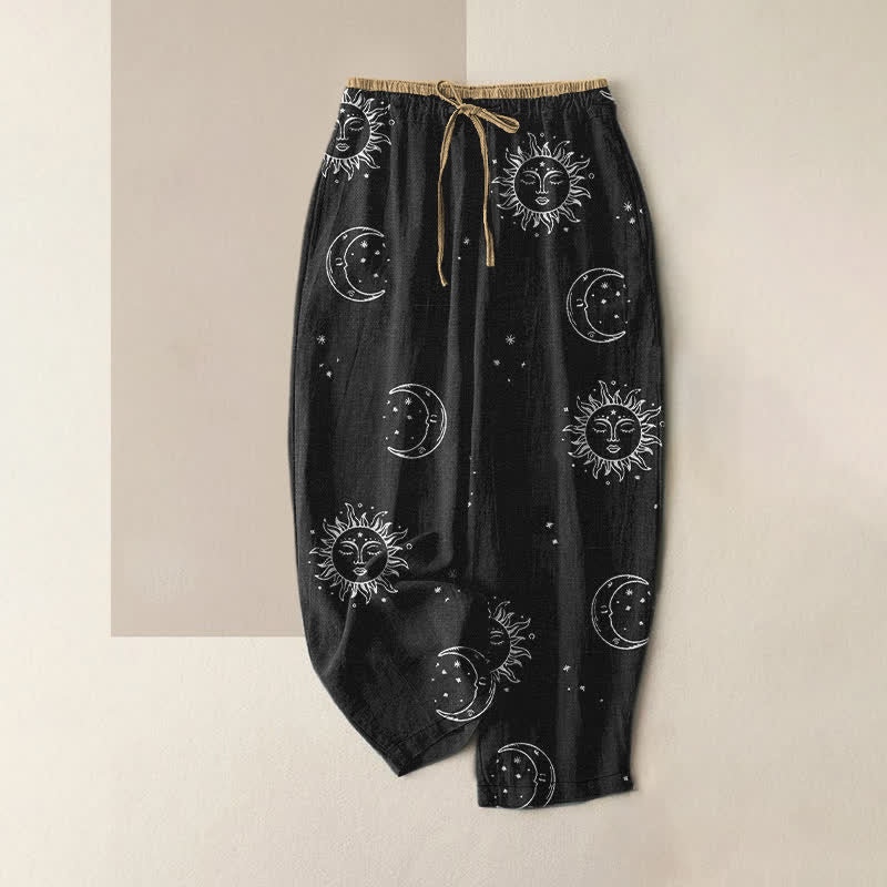 Buddha Stones Pantalones de mujer de algodón puro con estampado místico de luna y sol, cintura elástica y bolsillos. - Negro - US16，UK/AU20，EU48 (3XL) - image 0