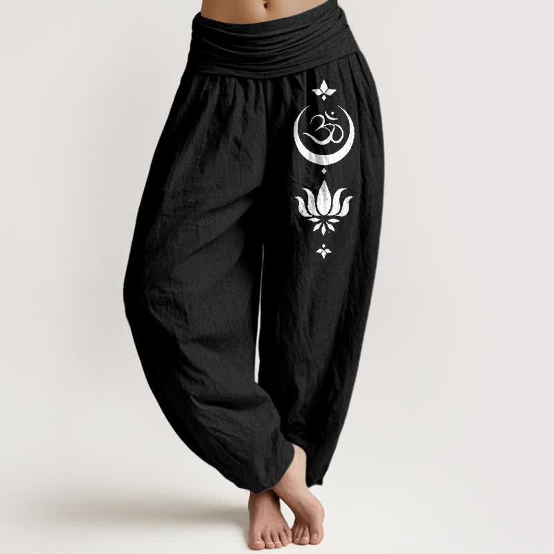 Buddha Stones Pantalones harem de algodón puro con estampado de luna y loto Om para mujer, cintura elástica. - Negro - US16，UK/AU20，EU48 (3XL) - image 0