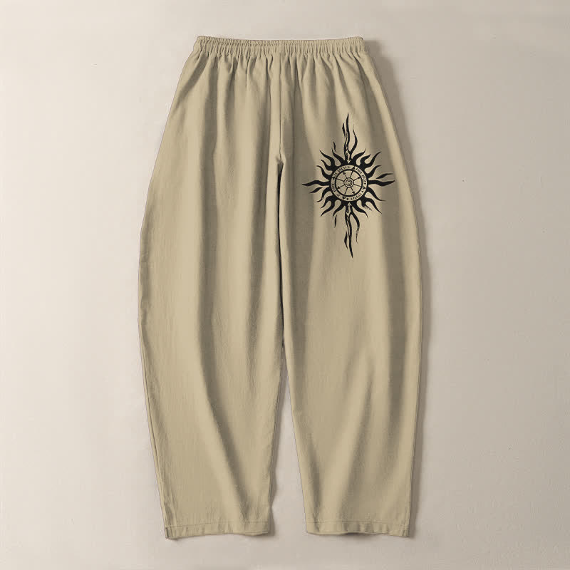 Buddha Stones Pantalones de hombre de algodón puro con estampado tribal de sol, cordón ajustable y corte cónico, con bolsillos. - image 3