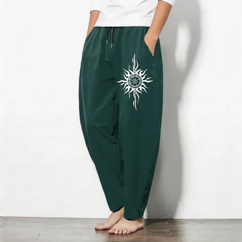 Buddha Stones Pantalones de hombre de algodón puro con estampado tribal de sol, cordón ajustable y corte cónico, con bolsillos. - image 12