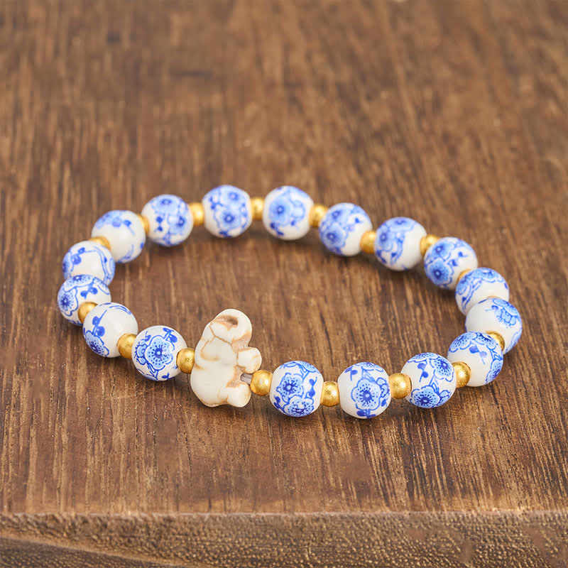 Buddha Stones Pulsera redonda de cuentas florales con forma de elefante de porcelana blanca - image 3