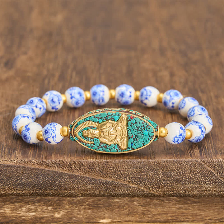 Buddha Stones Pulsera de porcelana blanca con Buda y cuentas redondas florales azules "Serenity" - Porcelana blanca (Pureza ♥ Elegancia) - image 0