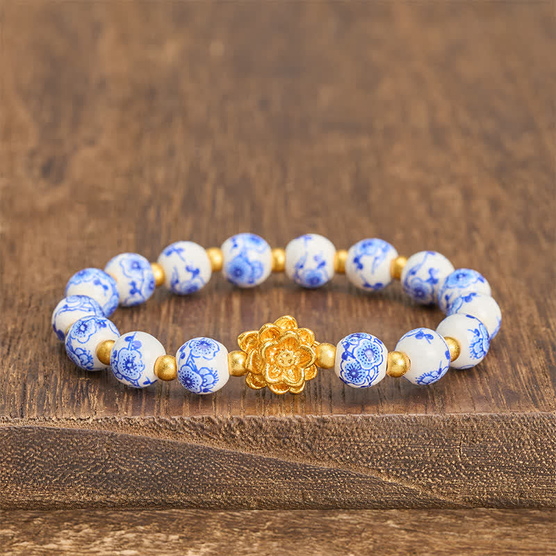 Buddha Stones Pulsera redonda de cuentas de porcelana blanca con diseño de loto e iluminación - Lotus (Iluminación ♥ Nuevo comienzo) - image 0