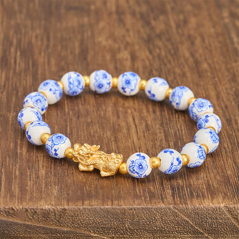 Buddha Stones Pulsera de porcelana blanca PiXiu con cuentas florales azules de buena fortuna - image 2