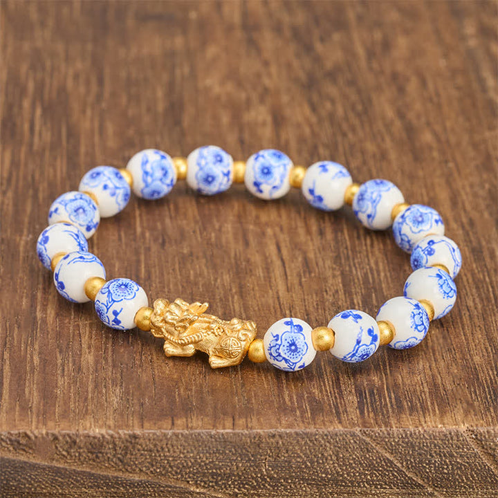 Buddha Stones Pulsera de porcelana blanca PiXiu con cuentas florales azules de buena fortuna - image 2