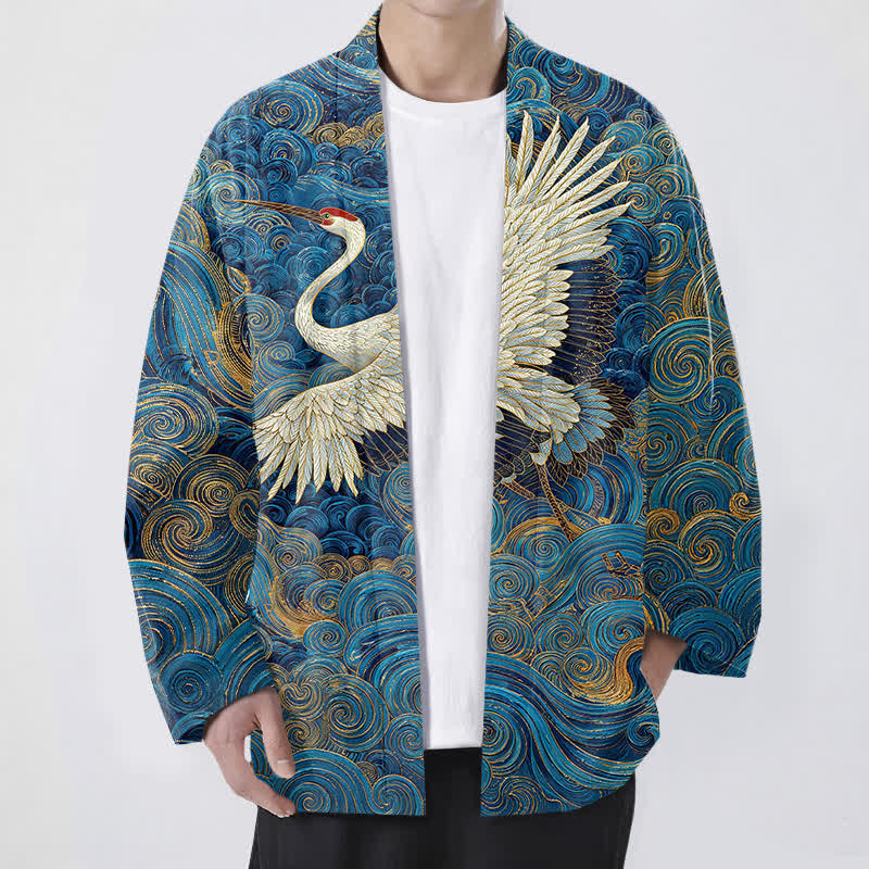 Buddha Stones Kimono de hombre con frente abierto y estampado de ondas fluidas de grullas de algodón - Azul real - US/UK/AU48, UE58 (4XL) - image 0