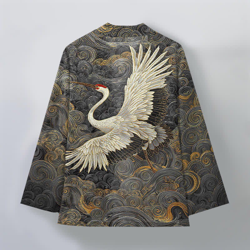 Buddha Stones Kimono de hombre con frente abierto y estampado de ondas fluidas de grullas de algodón - image 8