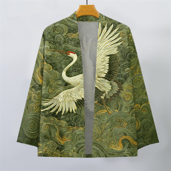 Buddha Stones Kimono de hombre con frente abierto y estampado de ondas fluidas de grullas de algodón - image 10