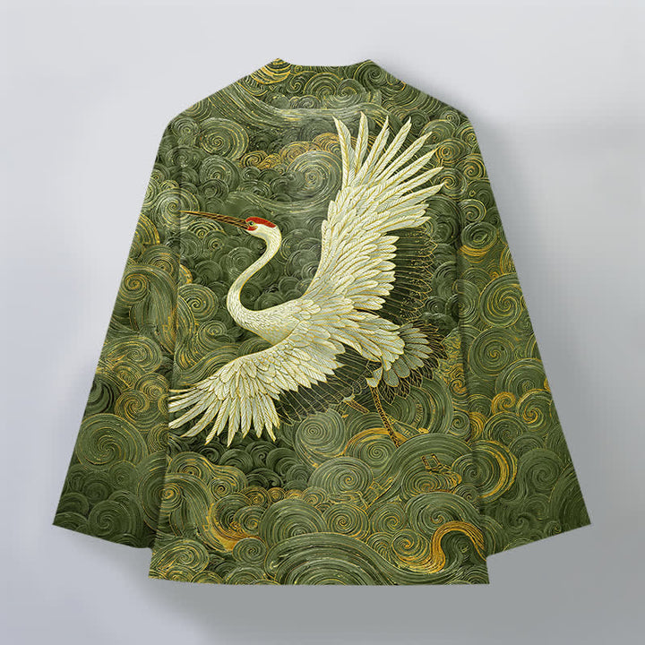 Buddha Stones Kimono de hombre con frente abierto y estampado de ondas fluidas de grullas de algodón - image 11
