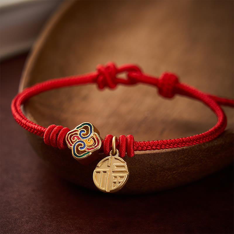 Buddha Stones Pulsera de la prosperidad tejida a mano con hilo rojo cobrizo y carácter Fu de nudo chino - Rojo (circunferencia de la muñeca: 17-19 cm) - image 0