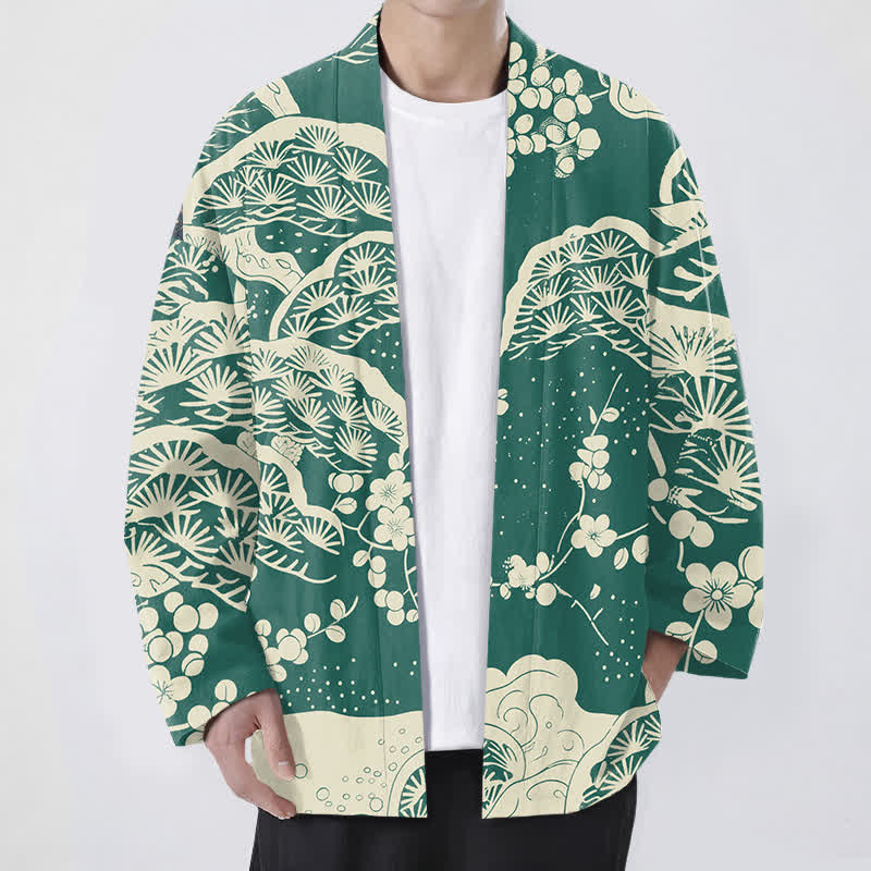 Buddha Stones Kimono de hombre con estampado de flores de ciruelo y pino de algodón, con frente abierto. - Verdemar - US/UK/AU48, UE58 (4XL) - image 6