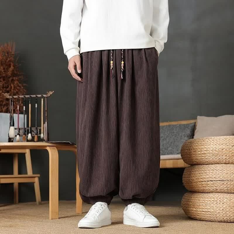 Buddha Stones Pantalones largos casuales vintage de otoño con cordón ajustable, pantalones harem para hombre con bolsillo - Marrón silla de montar - común - US/UK/AU48, EU58 (6XL) - image 0