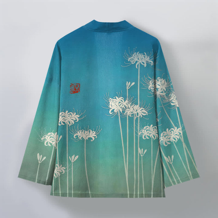 Buddha Stones Kimono de hombre de algodón blanco con estampado de lirios araña y frente abierto - image 2