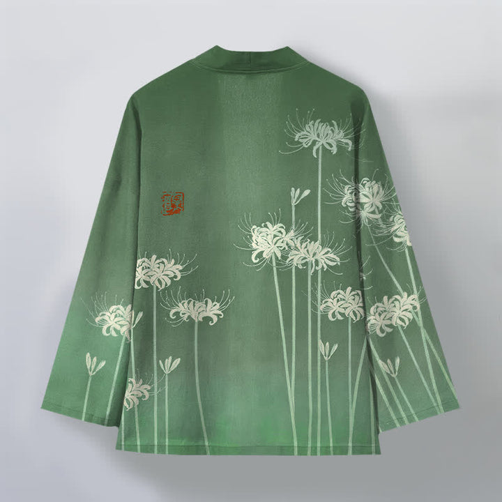 Buddha Stones Kimono de hombre de algodón blanco con estampado de lirios araña y frente abierto - image 8