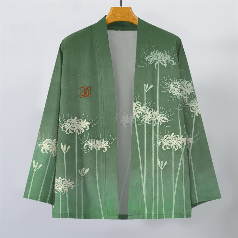 Buddha Stones Kimono de hombre de algodón blanco con estampado de lirios araña y frente abierto - image 7