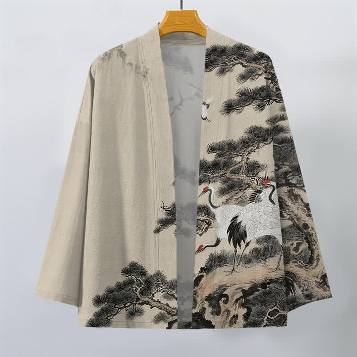 Buddha Stones Kimono de hombre con frente abierto y estampado de grullas de algodón y pino. - image 1