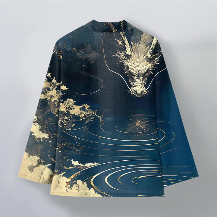 Buddha Stones Kimono de algodón con estampado de dragón dorado, nubes y olas, con frente abierto para hombre. - image 2