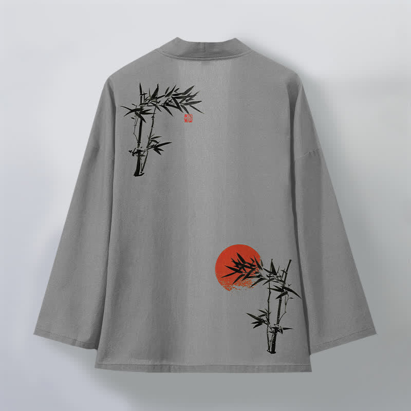 Buddha Stones Kimono de hombre de algodón con estampado de sol rojo y parte delantera abierta, de bambú rojo. - image 8